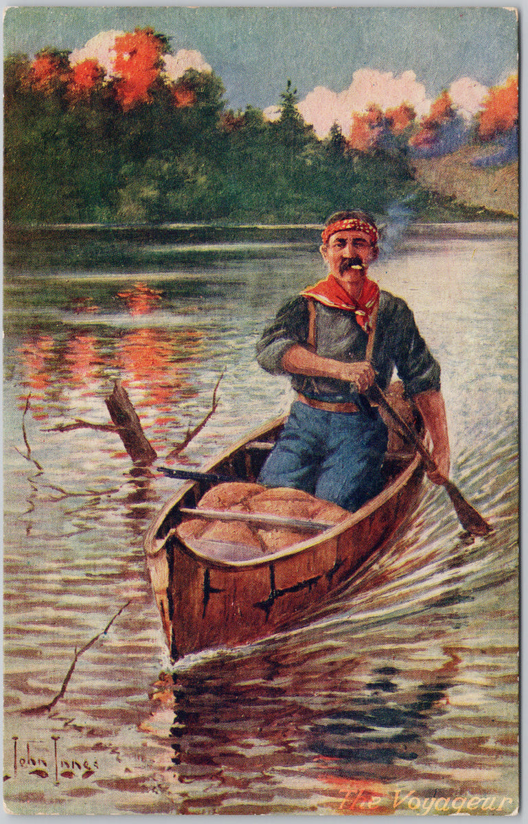 John Innes Artist The Voyageur Man Canoe Smoking Cigarette Cowboys Western Postcard 