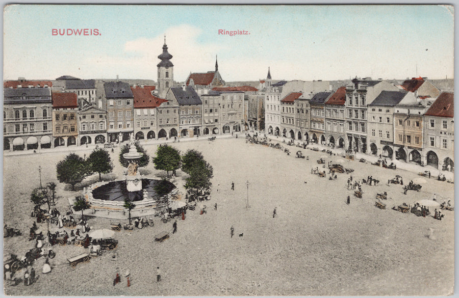 Budweis Ceské Budejovice Ringplatz Market Square Fountain Austria-Hungary Postcard 