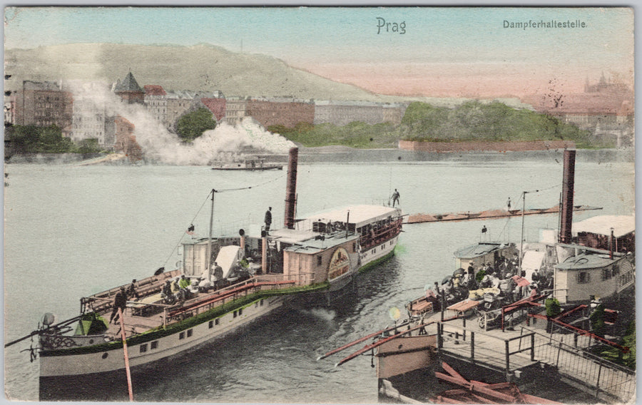 Prague Austria Hungary River Steamers Vltava Bridge Scene 1908 Postcard