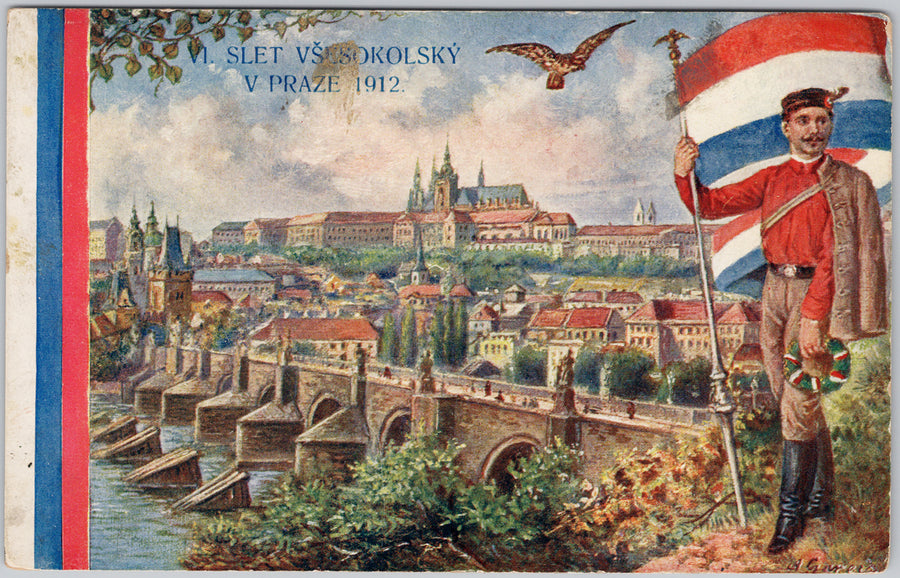 Prague 1912 Sokol Festival Panorama Charles Bridge Castle Czech Postcard 