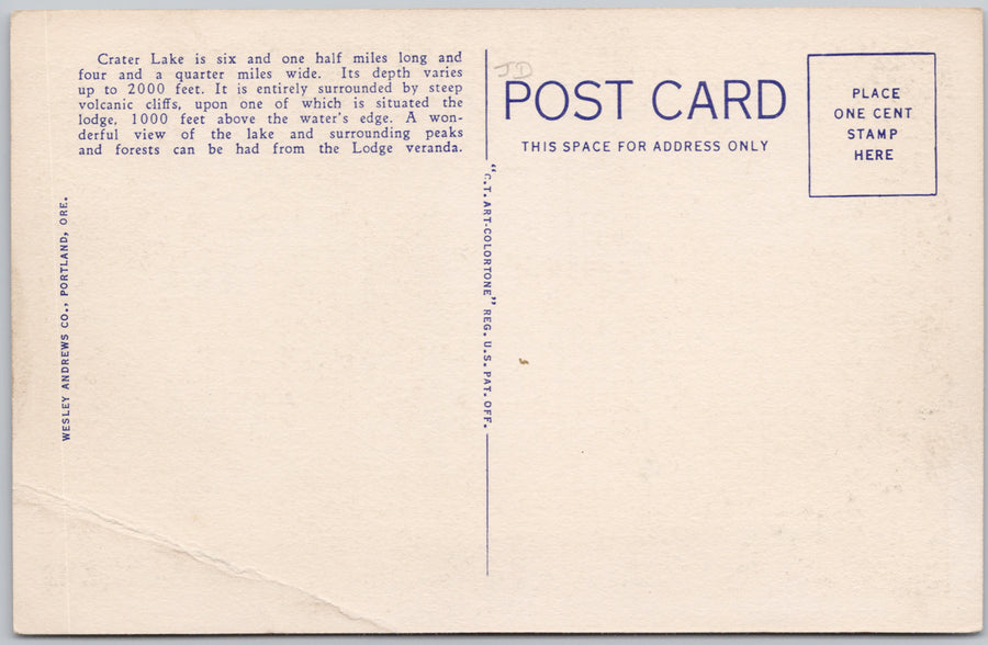 Crater Lake Lodge Crater Lake Oregon Wesley Andrews Linen Postcard SP22