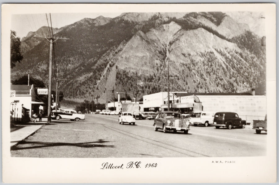 Lillooet BC Street Scene Autos VW Beetle 1964 A.A.A. Phair RPPC Postcard 