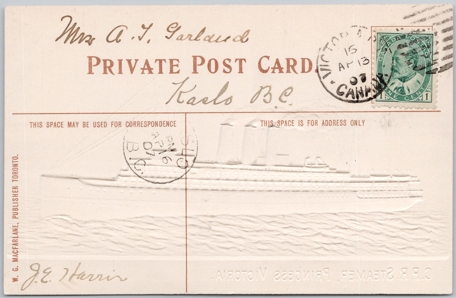 CPR Steamer Princess Victoria Ship Embossed MacFarlane 1907 Postcard 