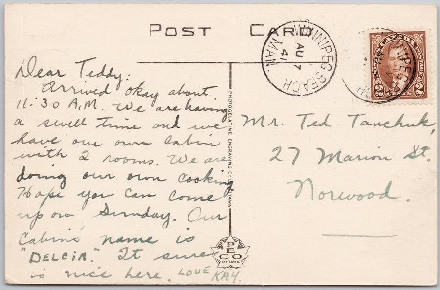 C.P.R. Pier Winnipeg Beach Manitoba 1941 Norwood Grove Cancel PECO Postcard SP22