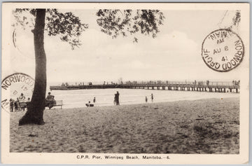 C.P.R. Pier Winnipeg Beach Manitoba 1941 Norwood Grove Cancel PECO Postcard