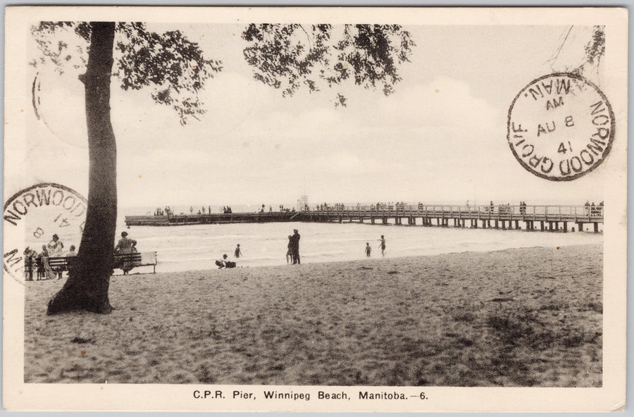 C.P.R. Pier Winnipeg Beach Manitoba 1941 Norwood Grove Cancel PECO Postcard