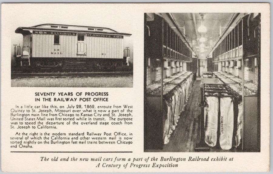 Vintage Burlington Route Railway Post Office 70 Years Progress Postcard 