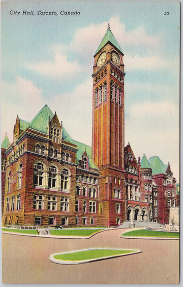 Colorful illustration of City Hall, Toronto, Canada on a vintage-style postcard.