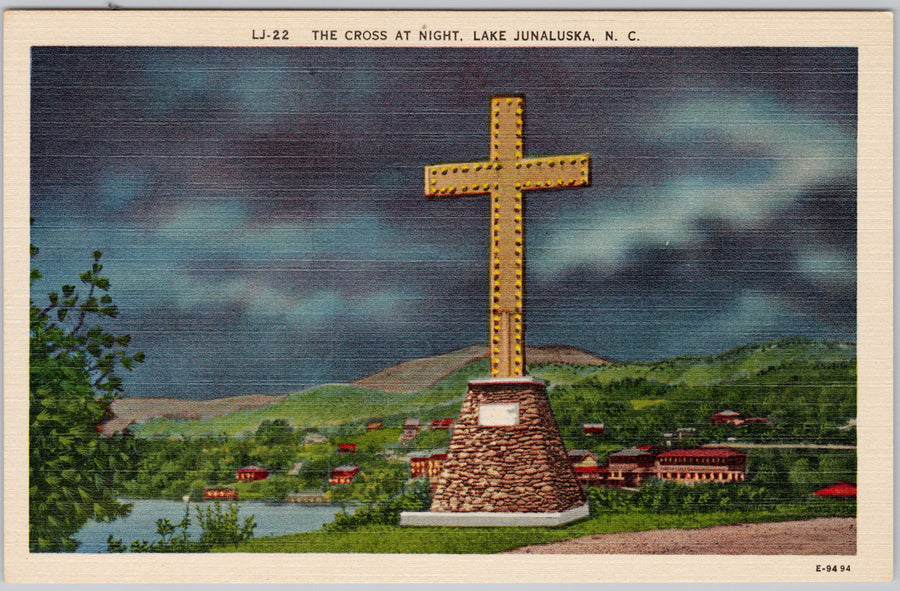 The Cross at Night Lake Junaluska NC Vintage Linen Postcard 