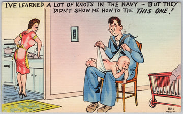 Vintage 1943 Navy Sailor & Baby Diaper Knots Humorous Linen (from soldier 'James Wilson' U.S.N.T.S. Great Lakes IL to his Mom, Marion OH) Postcard 