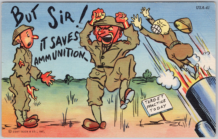 Vintage 1943 USA Military Target Practice Humorous Linen Postcard 