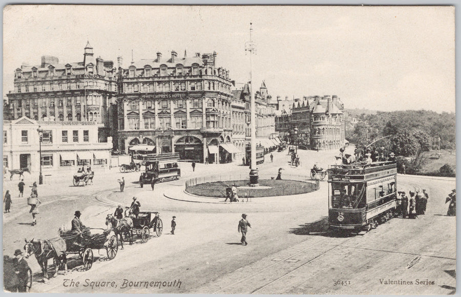 Bournemouth The Square The Empress Hotel The Central Hotel Early Tram Horses Carriages Tramway Tram Valentines Postcard