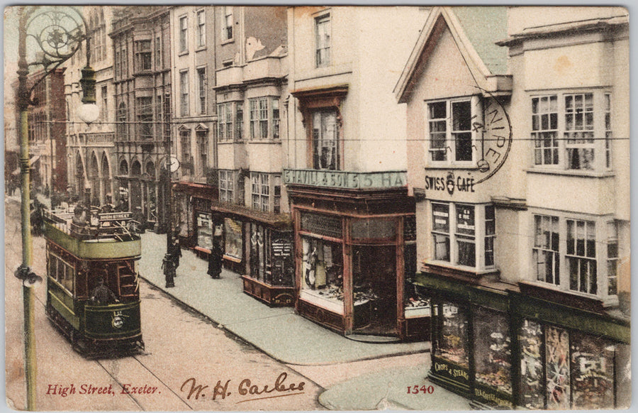 High Street Exeter Tram And Shops Early Hand Tinted Street Postcard 