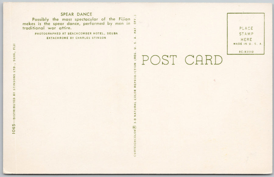 Vintage Fiji Spear Dance Postcard Lithograph by Charles Stinson Postcard SP22