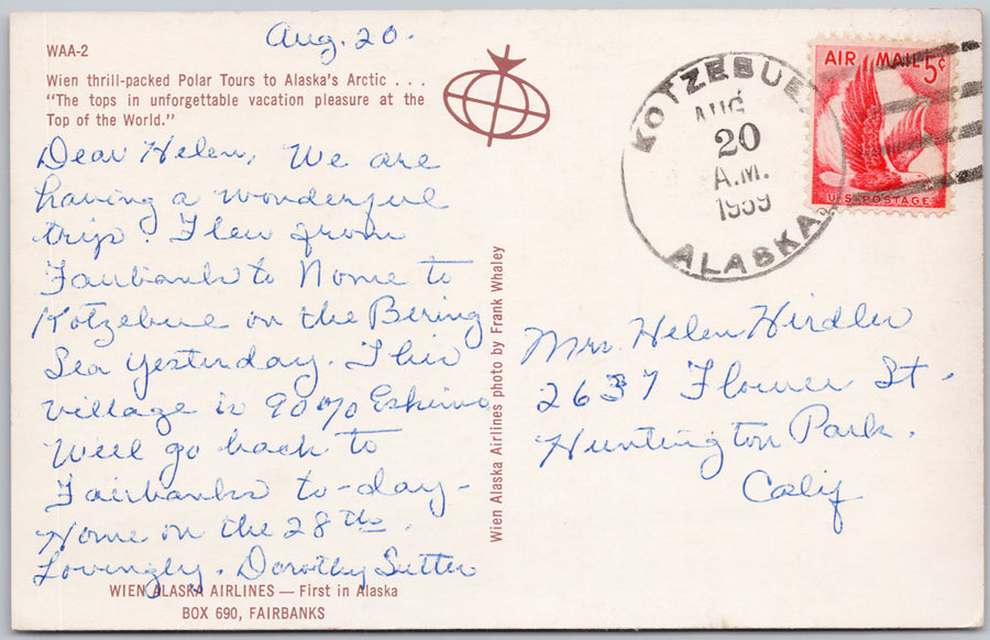 1955 Wien Alaska Polar Tour Crowd Kotzebue Cancel Postcard SP22