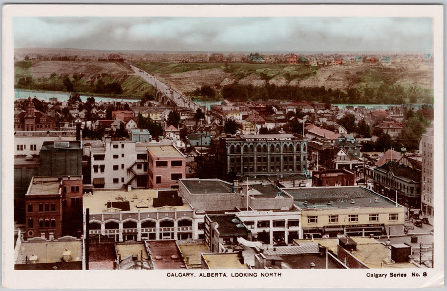 Calgary Alberta looking North Odd Fellows Temple Bridge 1930s Camera Products Fred Spalding RPPC Postcard