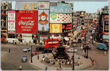 Piccadilly Circus London England Autos Red Bus Coca-Cola Players Sign Unused Postcard 