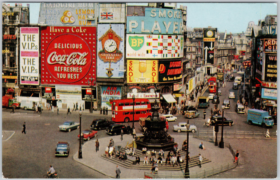 Piccadilly Circus London England Autos Red Bus Coca-Cola Players Sign Unused Postcard 
