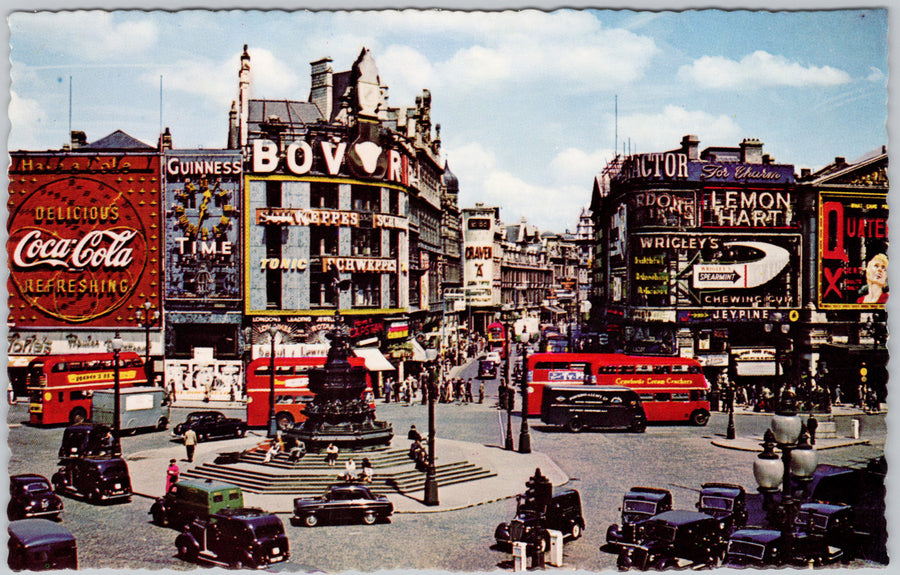 Piccadilly Circus London England Autos Red Bus Coca-Cola Guinness Sign Unused Postcard 