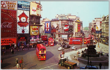 Piccadilly Circus London England Autos Red Bus Coca-Cola Lemon Hart Rum Max Factor Sign Postcard