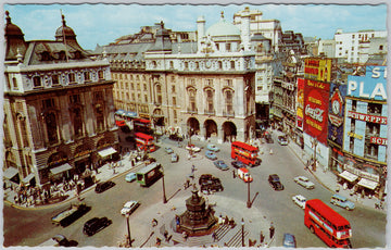 Piccadilly Circus London England Autos Red Bus Coca-Cola Sign Birdseye Postcard 