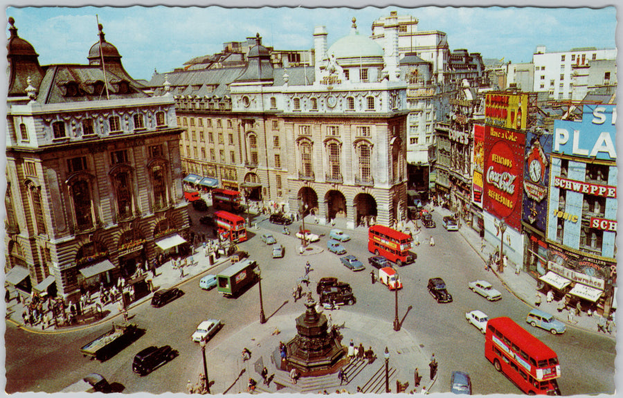 Piccadilly Circus London England Autos Red Bus Coca-Cola Sign Birdseye Postcard 