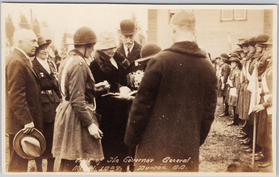 Historical photograph showing Governor General Freeman Freeman-Thomas, 1st Marquess of Willingdon, Visititing Duncan BC Vancouver Island 1927 RPPC Postcard 