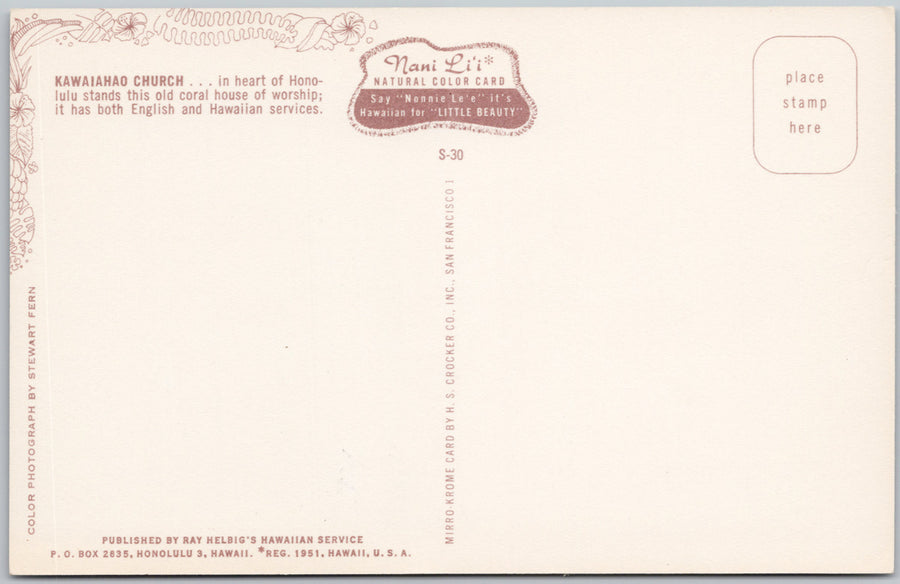 Vintage Nani Lii Hawaii Kawaiahao Church Honolulu Postcard SP22