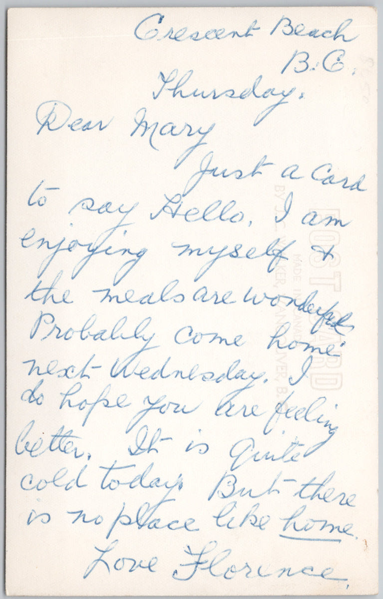 back of Vintage image of Centre Beach at Crescent Beach BC showing swimmers and a rowboat along the shoreline – Dee’s Postcards