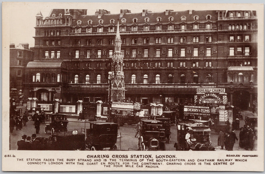 Charing Cross Station London England Hotel Derry Toms Beagles RPPC Postcard