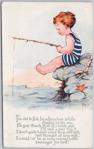 Boy Fishing for Submarines Sea Sausages for Bait Signed Phlo Artist Postcard 