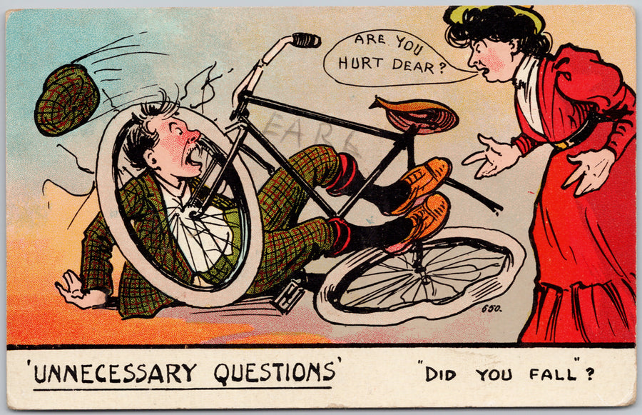 Comic Cyclists Crashes Bicycle Unnecessary Questions Did You Fall  Postcard 