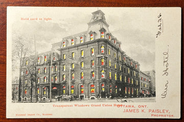 Ottawa Ontario Grand Union Hotel James K. Paisley Proprietor ON Canada 1906 Hold To Light Postcard 