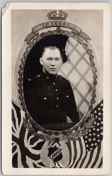 Portrait of Canadian Soldier Freedom USA British Flags Canada Military WW1 era RPPC Postcard 