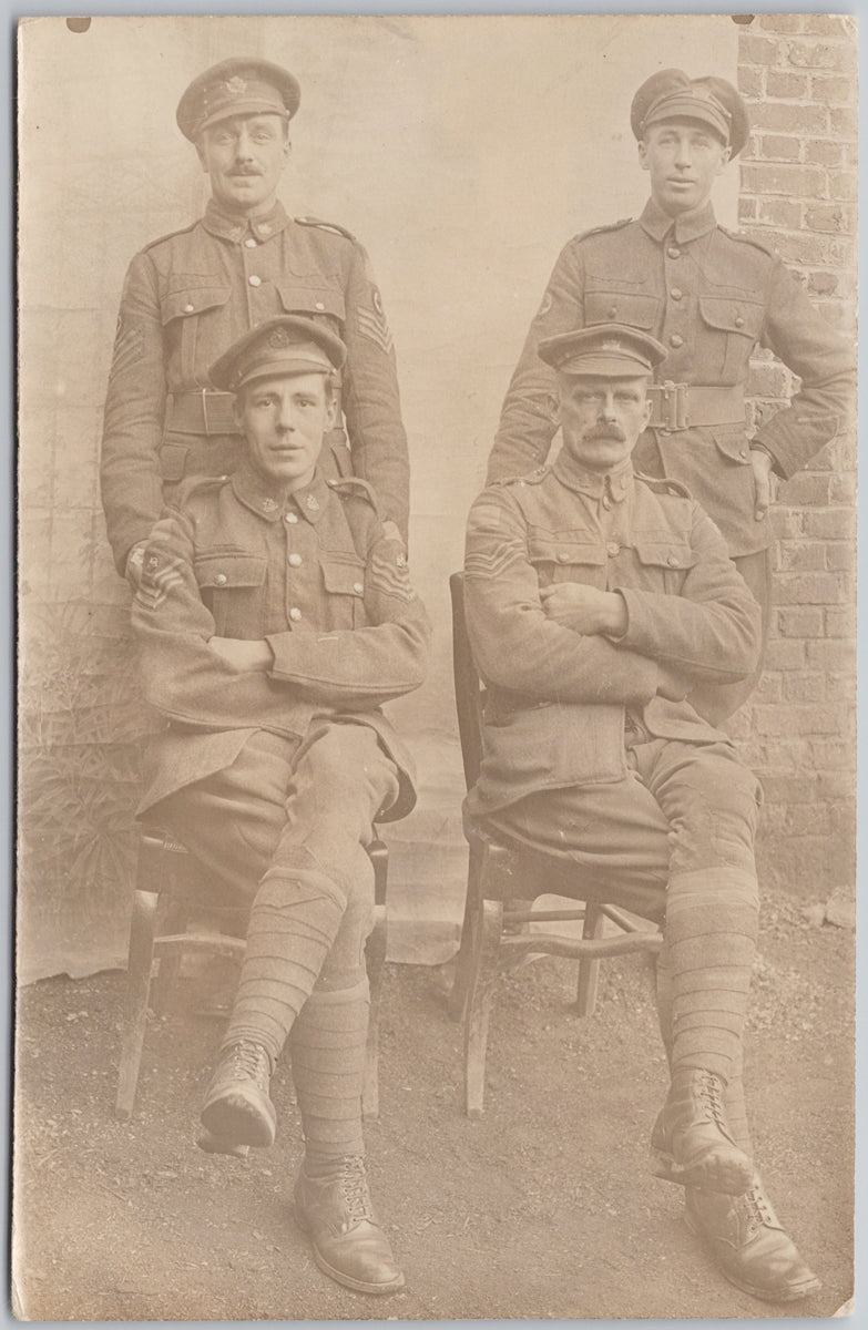 Portrait of Four Soldiers (Two Canadian Red Cross Men in back) WW1 era RPPC Postcard 