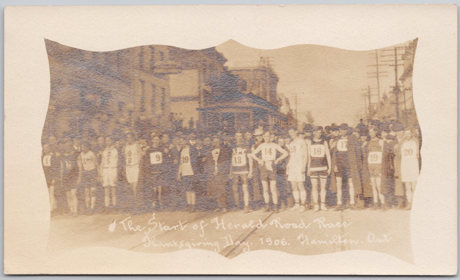 Hamilton Ontario 1906 Start of Herald Around The Bay Road Race Thanksgiving Day Marathon Runners Canada RPPC Postcard 