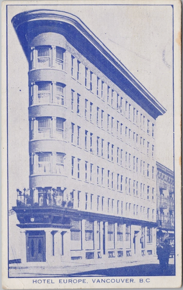 Vintage postcard of Hotel Europe in Vancouver, BC
