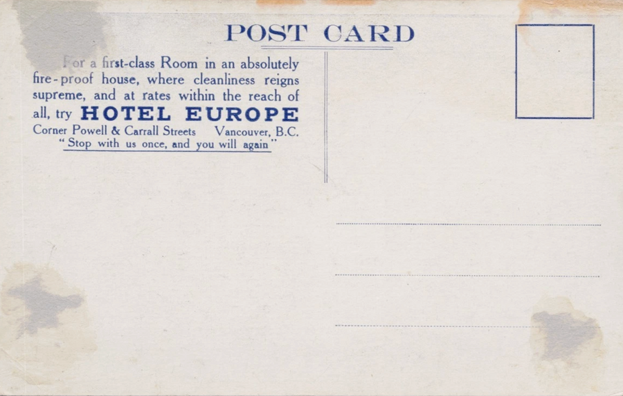 Vintage postcard advertising Hotel Europe with text and a star design.