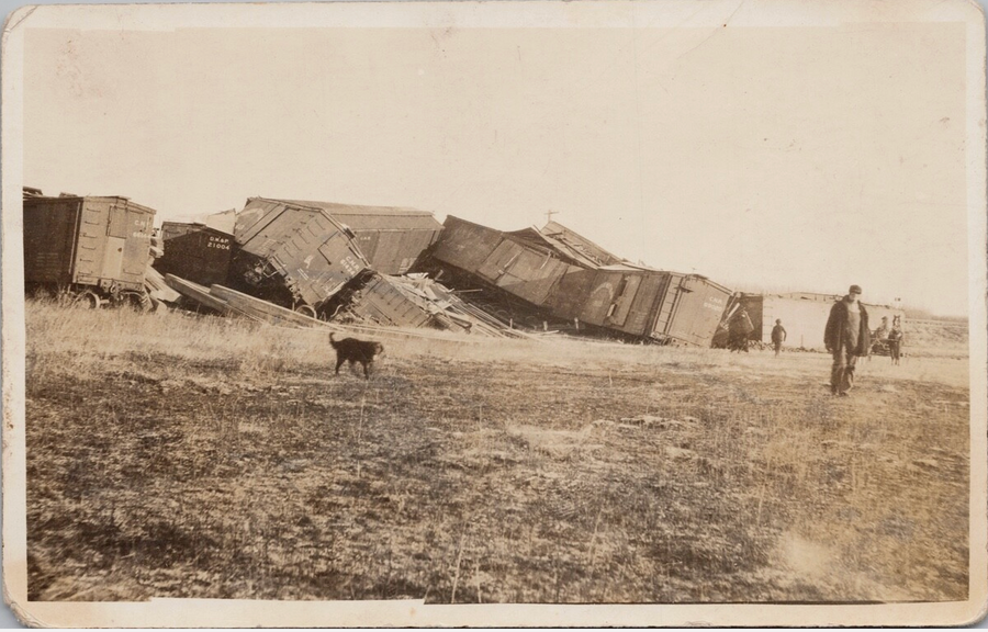 CNR Train Wreck Dog Unknown Location Cars #69020 #61434 #66144 RPPC Postcard 