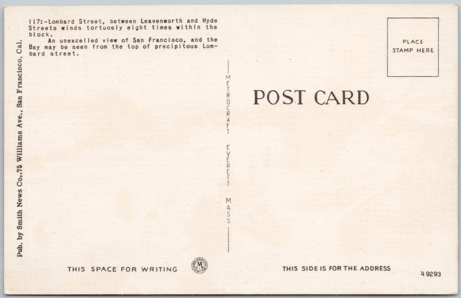 Lombard Street Crookedest Street San Francisco CA Linen Postcard SP22