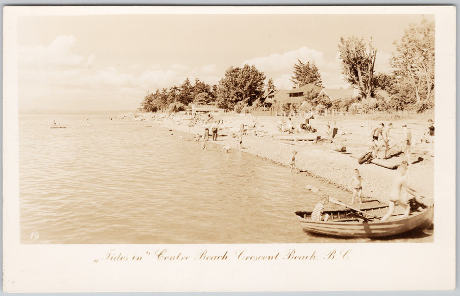 Vintage image of Centre Beach at Crescent Beach BC showing swimmers and a rowboat along the shoreline – Dee’s Postcards