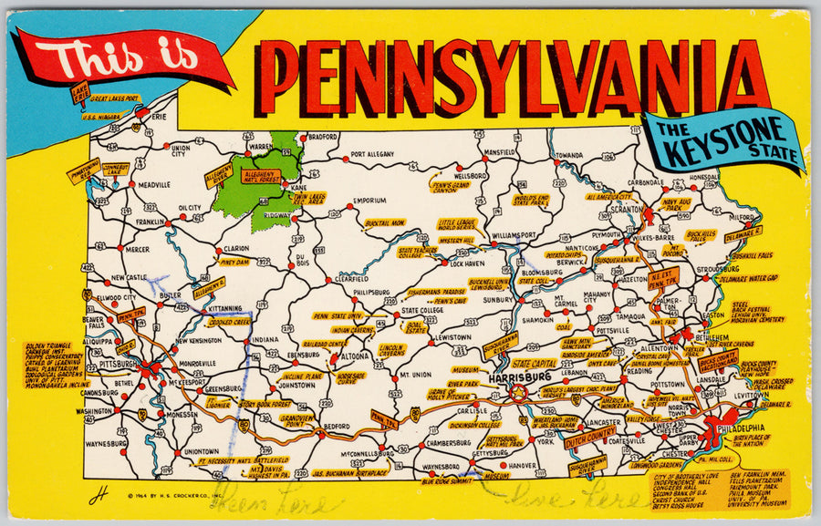 Pennsylvania The Keystone State Map Postcard - Vintage 1964 Mapcard ...