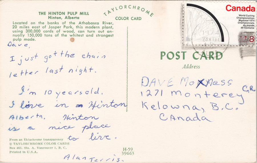 Hinton Alberta Pulp Mill AB c1974 Vintage Postcard S1