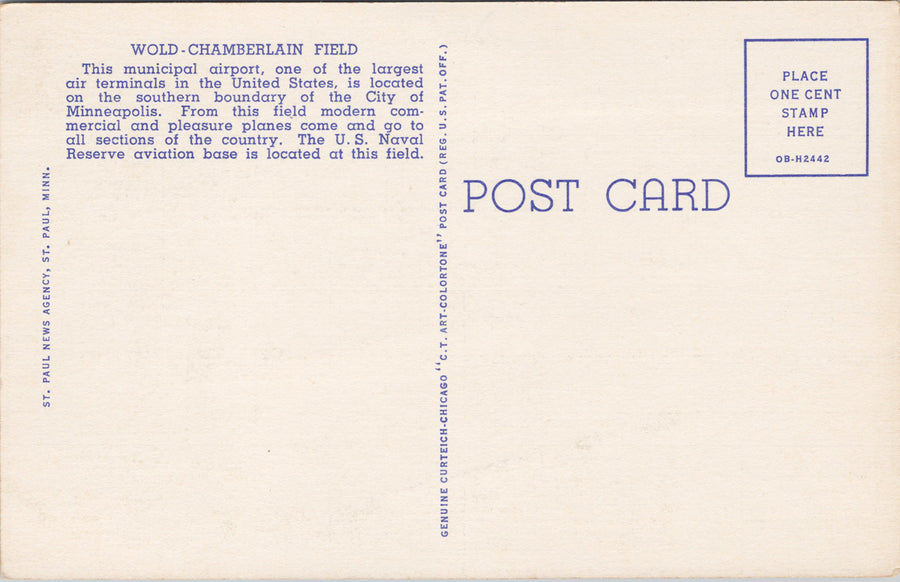 St. Paul Minneapoilis MN Wold Chamberlain Field Airport Runway Airplane Minnesota Unused Linen Postcard S1