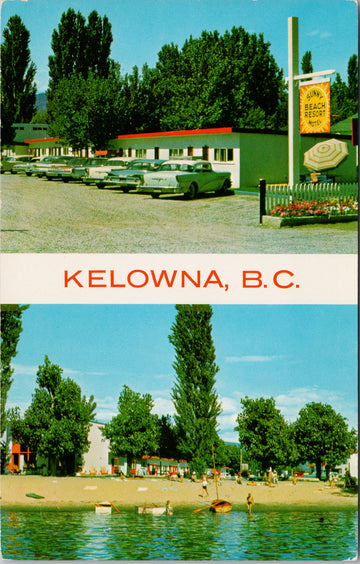 Kelowna BC Sunny Beach Resort Motel Abbott Street Unused Vintage Autos Postcard S1