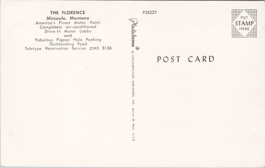 Missoula Montana The Florence Motor Hotel MT Unused Vintage Postcard S1