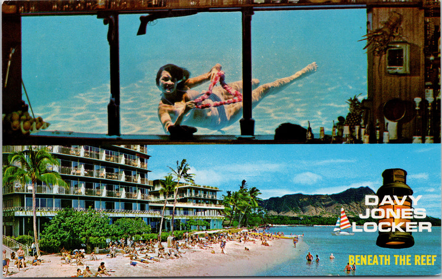 Davey Jones Locker Reef Hotel Waikiki Hawaii HI Pool Woman Beneath The Reef Unused Vintage Postcard S1