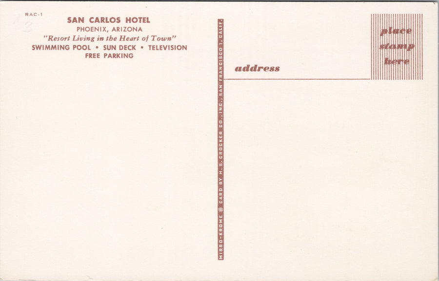 San Carlos Hotel Phoenix AZ Arizona Pool Unused Vintage Postcard S1