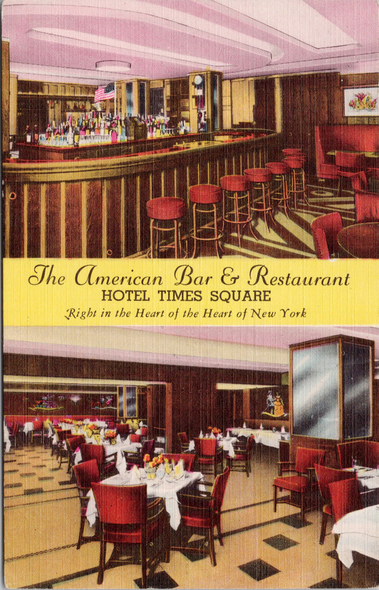 Hotel Times Square New York NY American Bar & Restaurant Unused Linen Postcard S1