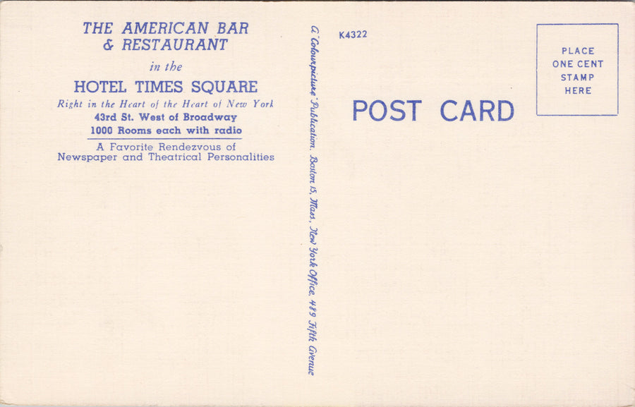 Hotel Times Square New York NY American Bar & Restaurant Unused Linen Postcard S1